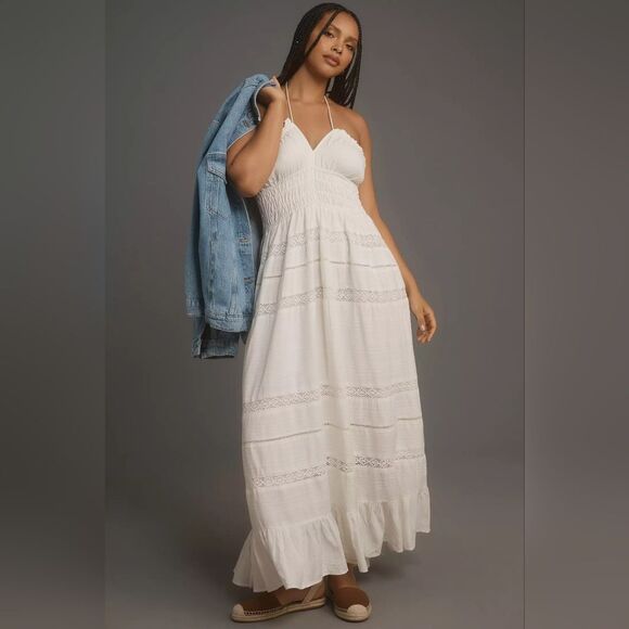 Anthropologie Maeve Strapless Smocked Midi Dress In White Size Medium NWT - Picture 5 of 8